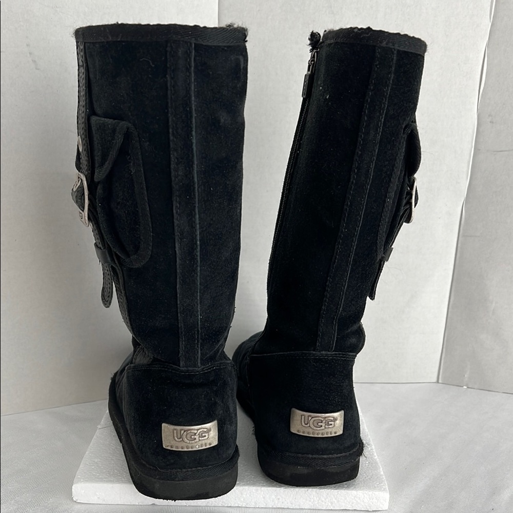 UGG Black Suede Boots Sz 7 w silver side bucket and pocket.